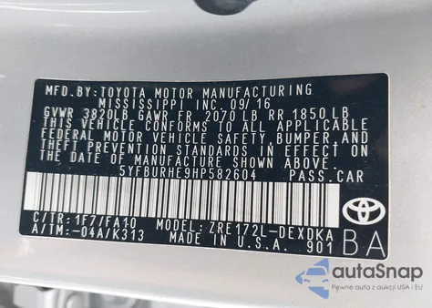 2017 Toyota Corolla L from USA, damaged, VIN 5YFBURHE9HP582604
